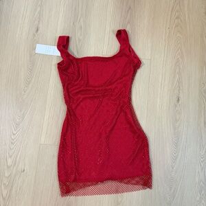 NWT Red rhinestones Mesh Overlay Bodycon Mini Dress Size L
